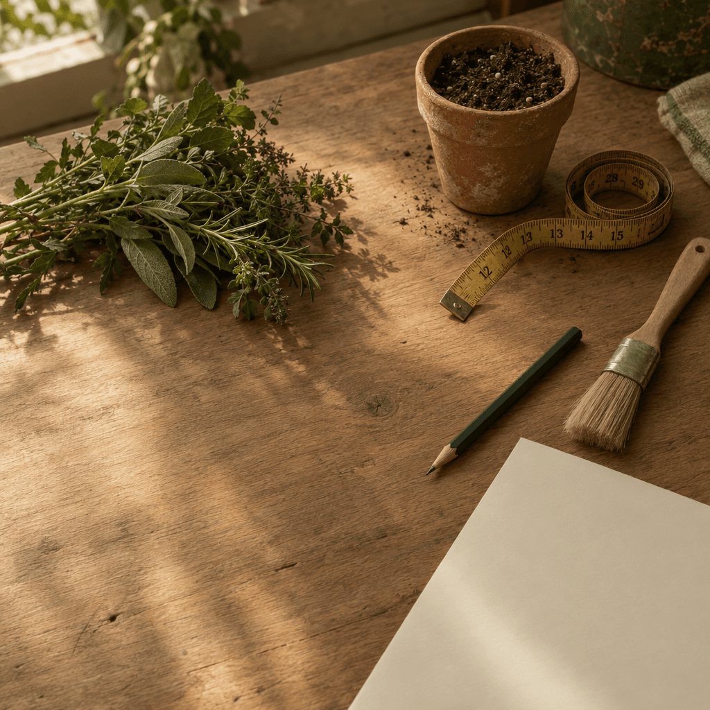 A sunlit worktable with gardening and DIY materials